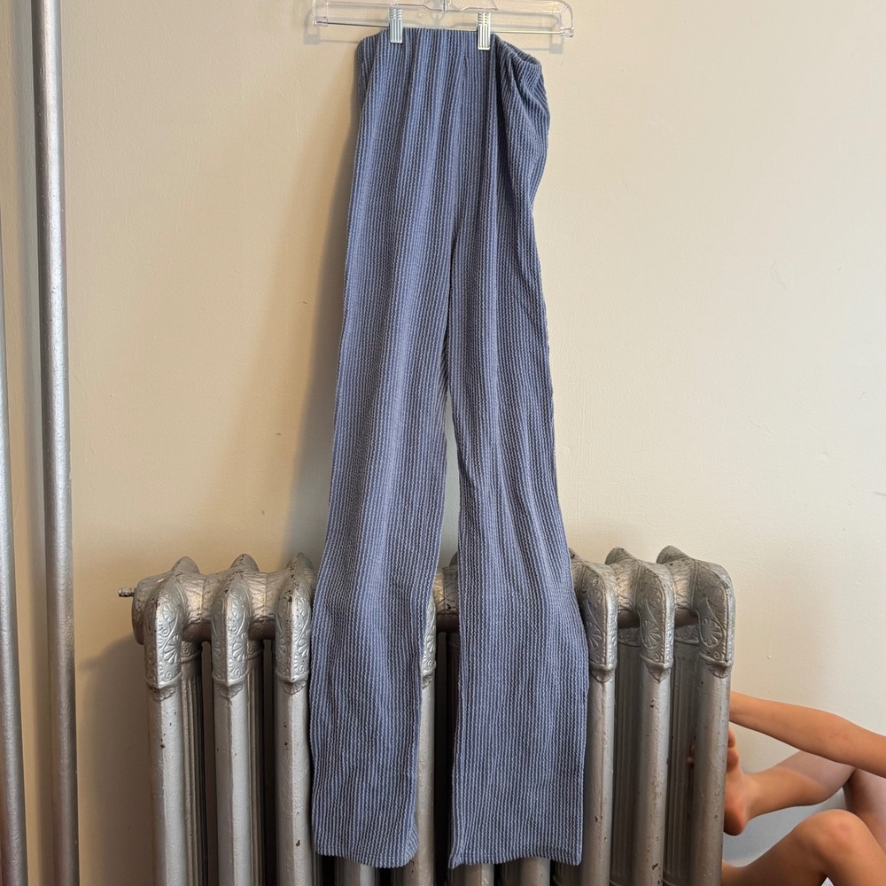 Women's High Waisted Textured Wide Leg Blue Striped Pants Basics Staples Capsule